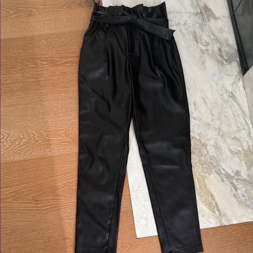 Lucy Paris Black Tie-Waist faux leather Trousers